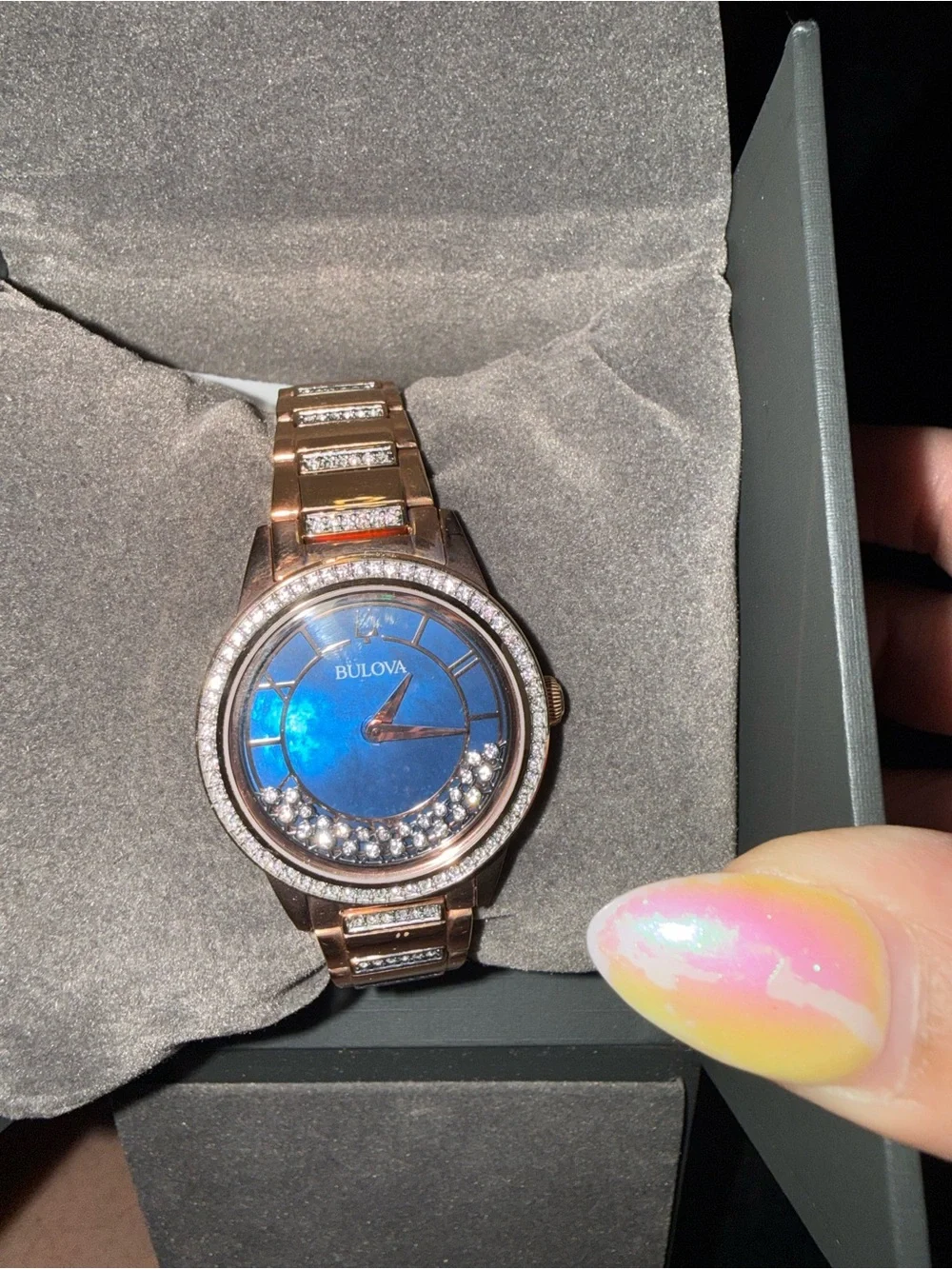 Bulova Rose Gold-Tone Watch with Blue Dial and Crystal Accents
